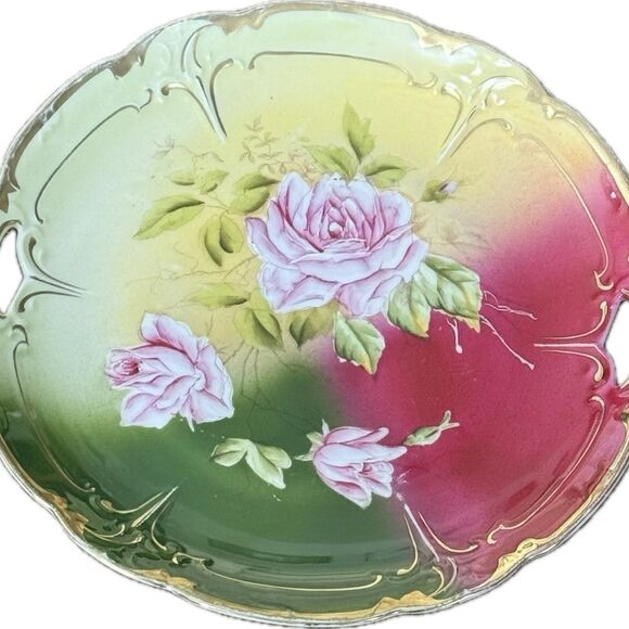 Title: Vintage German‎ Porcelain Plate with Hand-Painted Roses and Gold Accents